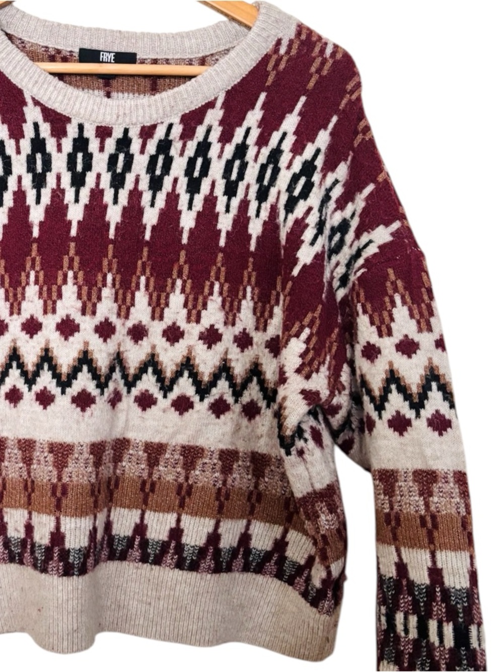 Frye Burgundy, Cream & Black Fair Isle Crewneck Sweater